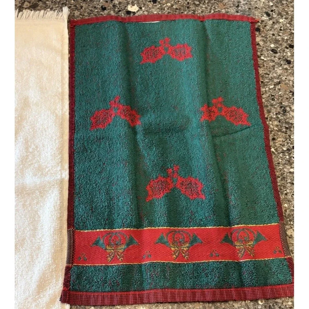 Vintage 80’s Christmas Hand Towel Set 2 Country Goose Holly Border Cannon Marten